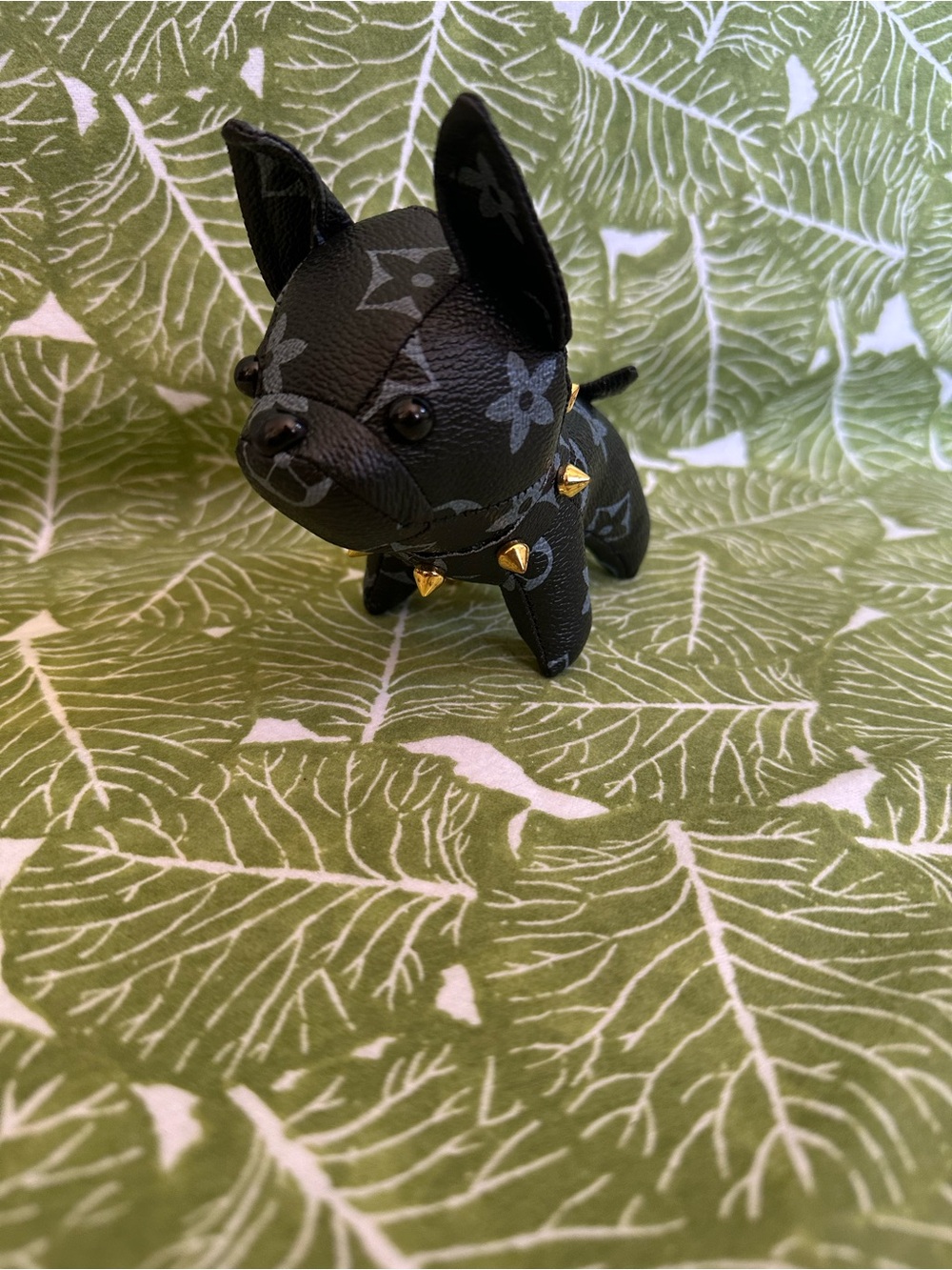 Designer Monogram Black Leather Dog Figurine with Gold Stud Collar